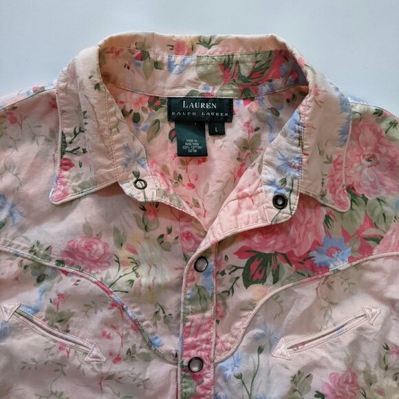 Vintage Lauren Ralph Lauren pink floral pearl snaps shirt, women's large - Picture 9 of 11